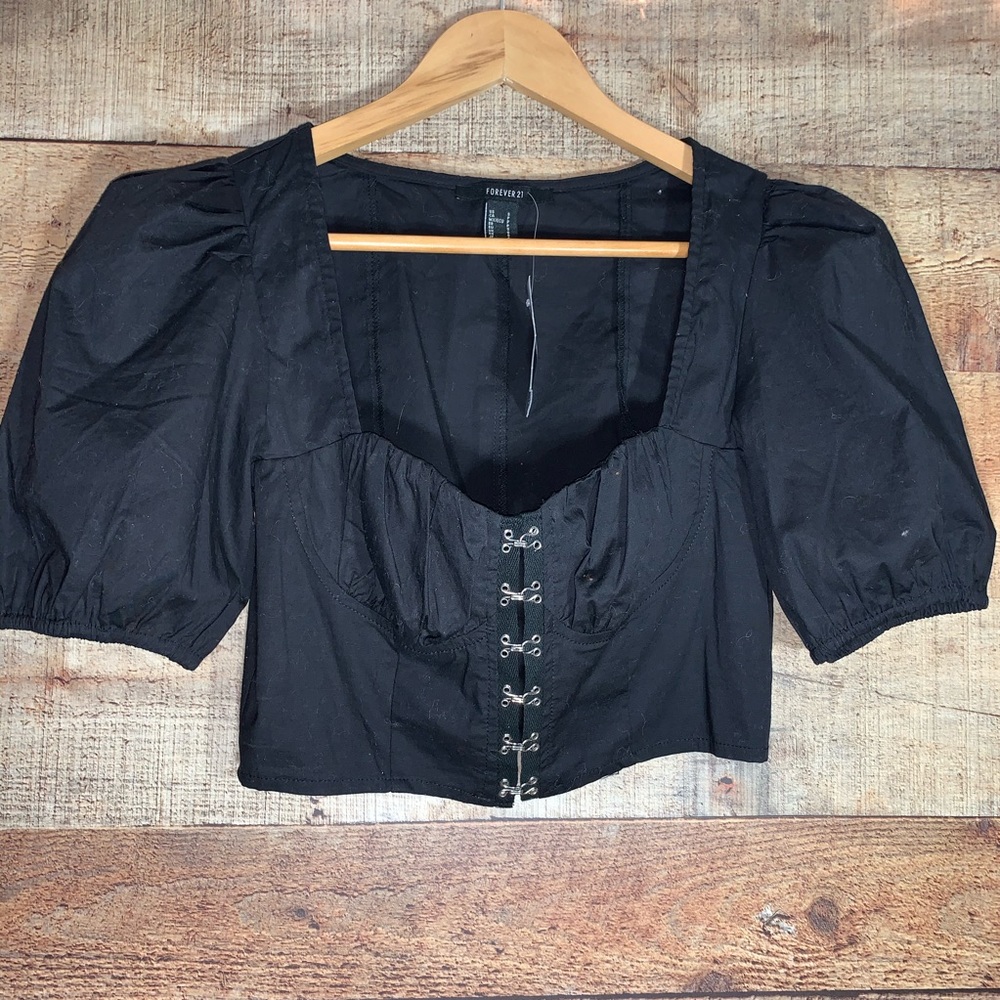 FOREVER21 Black Corset crop top with Puff Shoulder - Picture 1 of 6